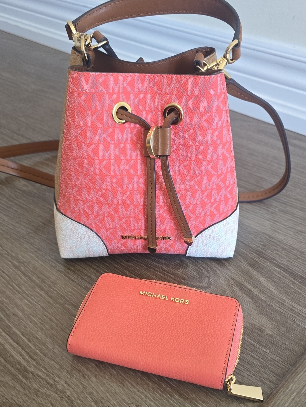 Michael Kors Coral and Brown Mini Drawstring Bucket Bag with Coral Zip Wallet